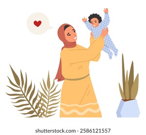 A loving mother lifts her baby high in her arms, both smiling joyfully. The warm atmosphere is enhanced by indoor plants, symbolizing a nurturing environment