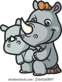 Loving mother rhino hugs its sleeping baby rhino, baby sleeping on mother laps of illustration