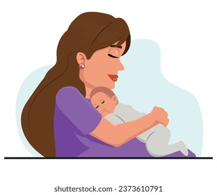 Madre amorosa cuidando a su bebé recién nacido en casa. feliz madre sosteniendo a su hijo durmiendo en las manos. Madre abrazando a su hijo pequeño. Ilustración vectorial.