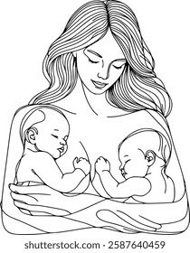 Loving Mother with Twin Babies, a Touching Line Art Illustration