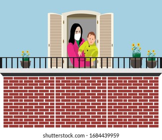 Loving mother wearing mask with her baby sitting on a window corona virus fear. stay home balcony house background, vector illustration, safety flat art design. 2019-ncov