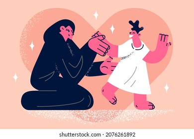 Loving muslim mother play caress small child. Caring happy moslem mom enjoy time with little kid daughter. Islamic culture. Faith and religion concept. Multicultural world. Flat vector illustration. 