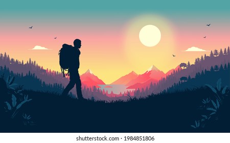 Loving nature walk - Silhouette of man walking with backpack in landscape with sea, mountains and forest in background. Stress reduction and solitude concept. Vector illustration.