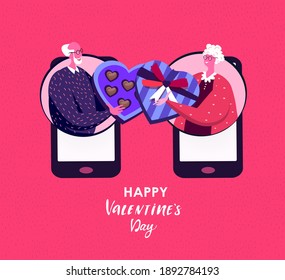 Loving Old Retired Romantic Couple Elderly Woman,Aged Man Send Sweet Chocolate Candies In Mobile Application.Valentine Day Gift.Festive Box Online Digital Post In Smartphone Screen.Vector Illustration