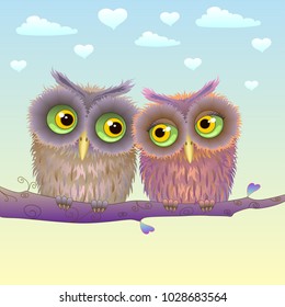 Loving owls, animated style, vector image