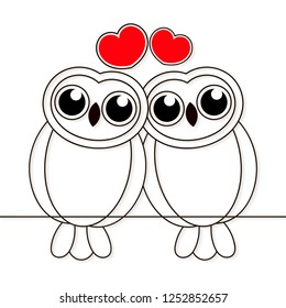 Loving owls birds night drawn lines on white background. Vector illustration.