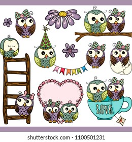 Loving owls set digital elements