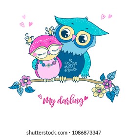 Loving owls. Two cute birds sit together on a branch. Lovely crafted design for Valentine's Day, wedding, postcards and prints. Vector illustration in cartoon style.