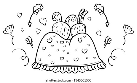 A loving pair of hares wrapped in a blanket. Hygge. Coloring book for adults and children. Doodle illustration