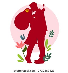loving pair hugging tightly inside red circular frame with colorful floral accents