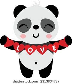 Loving panda holding a love red heart flag garland
