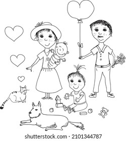 A loving parent, parents and children, and a dog and a cat holding hands. Hand drawing doodle vector. Valentine's gifts