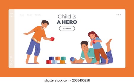 Loving Parent Playing with Kids Landing Page Template. Man and Small Boy and Girl Gaming Fun. Happy Family Weekend Leisure. Father and Son or Daughter Play Toys on Floor. Cartoon Vector Illustration