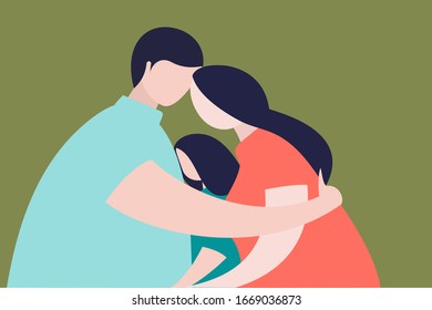 Loving parents and child hugging together