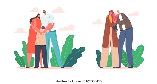 Loving Parents Hug Baby. Mother and Father Characters Holding Child on Hands Hugging with Arms, Mom, Dad, Daughter and Son Express Love and Tenderness. Cartoon People Vector Illustration