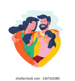 Loving parents hugging children in shape of heart. Happy family concept. Flat vector illustration.