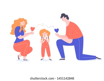 Loving Parents, Mom And Dad With Daughter, Happy Family, Child Care And Upbringing, Give Love, Happy Girl, Flat Vector People