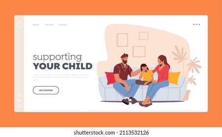 Loving Parents Support Child Landing Page Template. Father and Mother Comforting Upset Kid, Daughter with Sad Face Sit on Sofa with Mom and Dad Family Characters. Cartoon People Vector Illustration