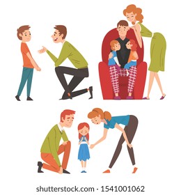 Loving Parents and Their Kids Set, Father and Mother Children Spending Good Time Together and Comforting Their Children, Happy Family Relationship Vector Illustration