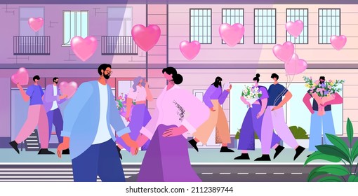 loving people celebrating happy valentines day men women in love walking outdoor on city street cityscape