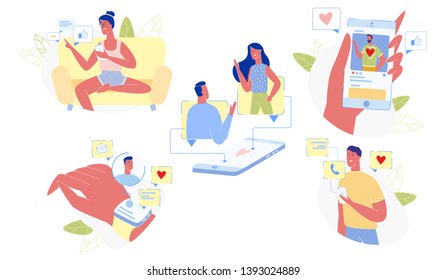 Loving People Communicating Using Gadgets Set isolated on White Background. Young Man and Woman Chatting in Social Media Networks by Smartphones, and Smart Watches. Cartoon Flat Vector Illustration