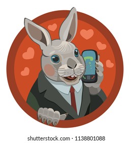 Loving rabbit calls on the mobile phone of his beloved he sends hearts of love to her