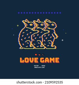 Loving rabbits. Animals mate. Threesome. Love game. Pixel art style