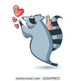 Loving raccoon with angel wings flies for red hearts. Cartoon animal. Love concept, valentines day. Vector 