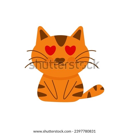 Loving red cat character with heart-shaped eyes. in flat style. Cute pet for card, banner, web, design. Vector illustration isolated on white background.