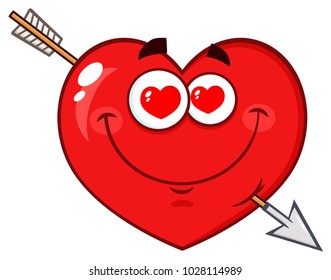 Loving Red Heart Cartoon Emoji Face Character With Hearts Eyes And Arrow. Vector Illustration Isolated On White Background