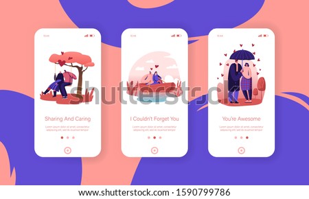 Loving Relations Mobile App Page Onboard Screen Set. Couple Spend Time Together Walking under Umbrella, Floating Boat and Riding Swing Concept for Website or Web Page. Cartoon Flat Vector Illustration