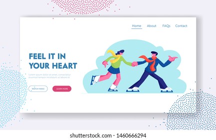Loving Relations, Outdoors Activity Website Landing Page, Young Couple in Love Man and Woman Have Fun, Active Date Skating on Ice Rink in Winter Time Web Page. Cartoon Flat Vector Illustration, Banner