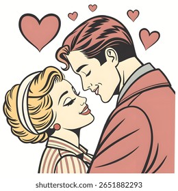 A loving retro couple embraces tenderly, surrounded by floating hearts.