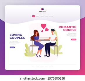 Loving Romantic Couple Sitting on Benches at The Park Landing Page Design. Happy Lovers Valentines Day Celebration Concept Vector Illustration. Love Web Page Banner. Hearts Around Couple Web Site