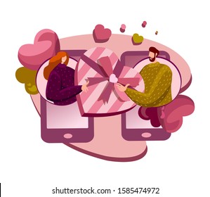 Loving Romantic Couple Woman Man Girlfriend and Boyfriend Send a Present in Mobile App St Valentine Day Shopping Gifts. Holding Festive Boxes Online in Smartphone Post Cartoon Flat Vector Illustration