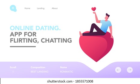 Loving Romantic Relations Landing Page Template. Male Character in Love Holding in Hands and Sitting on Heart. Lover, Valentines Day, Dating, Romance Feelings and Emotions. Cartoon Vector Illustration