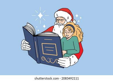 Loving Santa Claus read book with happy little girl child celebrate New Year. Caring father Christmas with kid enjoy fairytale on winter holidays. Celebration concept. Flat vector illustration.