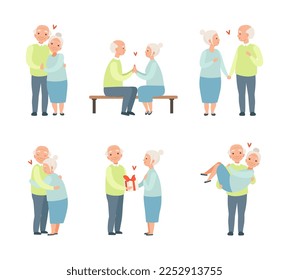 Loving Senior Couple Having Romantic Relations Holding Hands and Giving Gift Vector Set