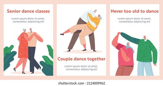 Loving Senior Couples Dance Banners Set, Romantic Relations, Happy Old Men and Women Embracing, Holding Hands and Hugging while Dancing. Elderly Characters Dating, Love. Cartoon People Vector Posters