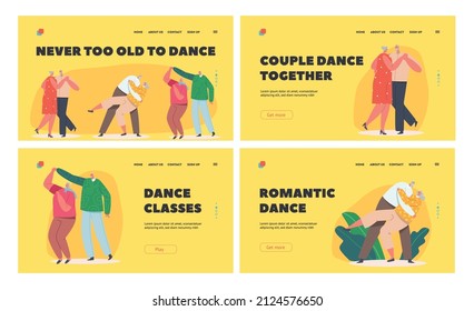 Loving Senior Couples Dance Landing Page Template Set. Happy Old Men and Women Embracing, Holding Hands and Hugging while Dancing. Elderly Characters Dating, Love. Cartoon People Vector Illustration