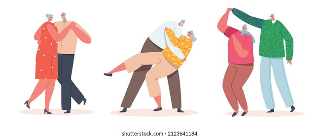 Amante danza de parejas mayores, concepto de relaciones románticas. Felices Viejos y Mujeres abrazándose, sosteniendo manos y abrazando mientras bailan. Personajes Mayores Citas, Amor. Ilustración de vectores de personas de caricatura