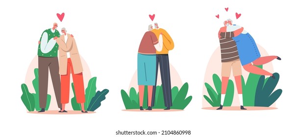 Loving Senior Couples Hug, Romantic Relations Concept. Happy Old Men and Women Embracing, Holding Hands and Hugging. Elderly Characters Dating, Love, Connection. Cartoon People Vector Illustration