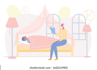 Loving Senior Grandfather Reading Fairytale before Sleeping to Little Granddaughter Lying in Bed. Happy Family Relations. Little Girl Guest at Granny Home on Vacation. Cartoon Flat Vector Illustration