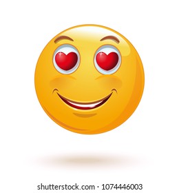 Loving smiley with hearts instead of eyes. Happy smiley emoticon face. Positive smiling ball. Vector illustration
