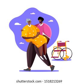 Loving son took his old disabled mother from the wheelchair carrying her in his arms. Family support concept illustration. Happy Senior lady in hugs of her strong relative receiving help and care