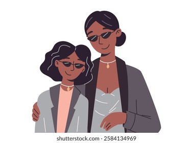 Loving stylish mother embracing daughter in warm and affectionate hug, vector isolated illustration. Tender family moment in modern flat style. Perfect for Mother's Day, parenting, family care themes.