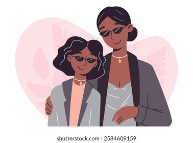 Loving stylish mother embracing daughter in warm and affectionate hug, vector isolated illustration. Tender family moment in modern flat style. Perfect for Mother's Day, parenting, family care themes.