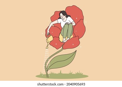 Loving and taking care of yourself concept. Young happy woman sitting in flower and watering it taking care of herself vector illustration 