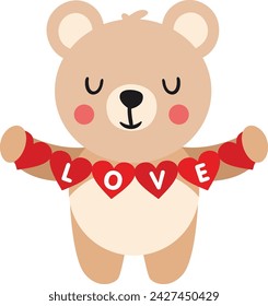 Loving teddy bear holding a love red heart flag garland
