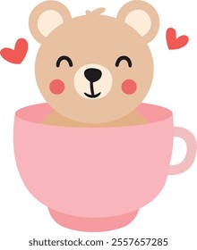 Loving teddy bear inside a pink cup with hearts
